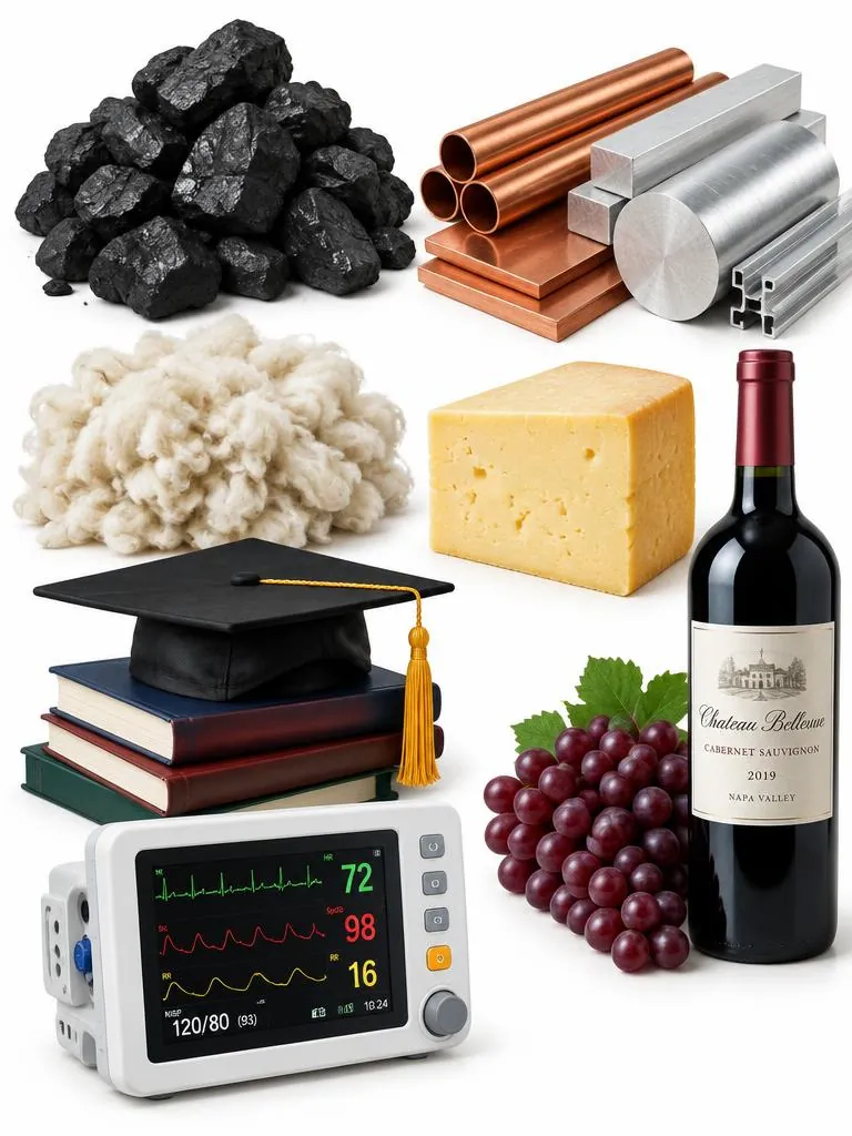 Coal, metals, wool, cheese, wine, education and medical devices