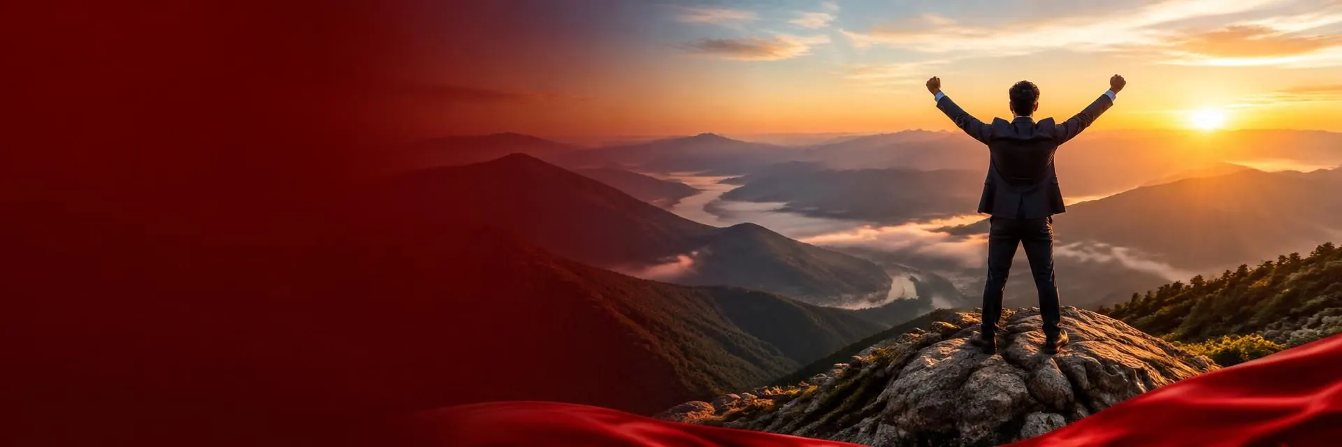 Startup founder celebrating on a mountain summit at sunrise