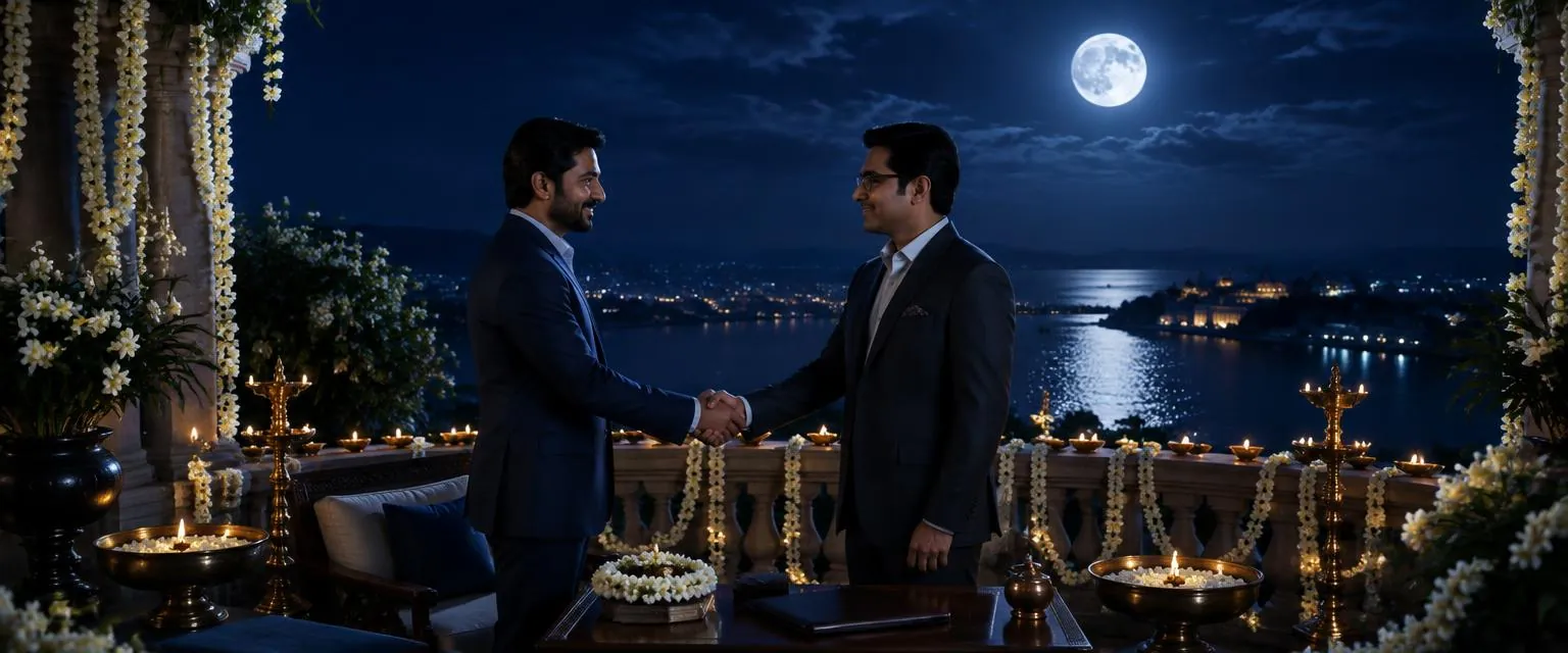 Business partners shaking hands on a moonlit terrace