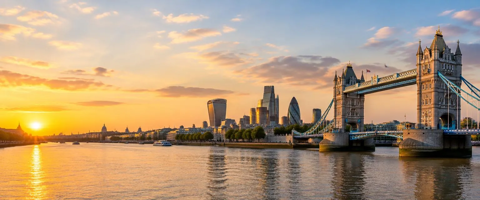 Tower Bridge and London skyline at sunset